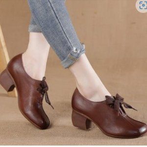 Retro Leather Shoes Handmade Square Toe Chunky Heel For Women Brown